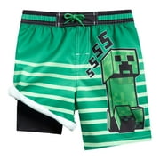 Minecraft Creeper Big Boys UPF 50+ Compression Swim Trunks Green Stripes 10-12